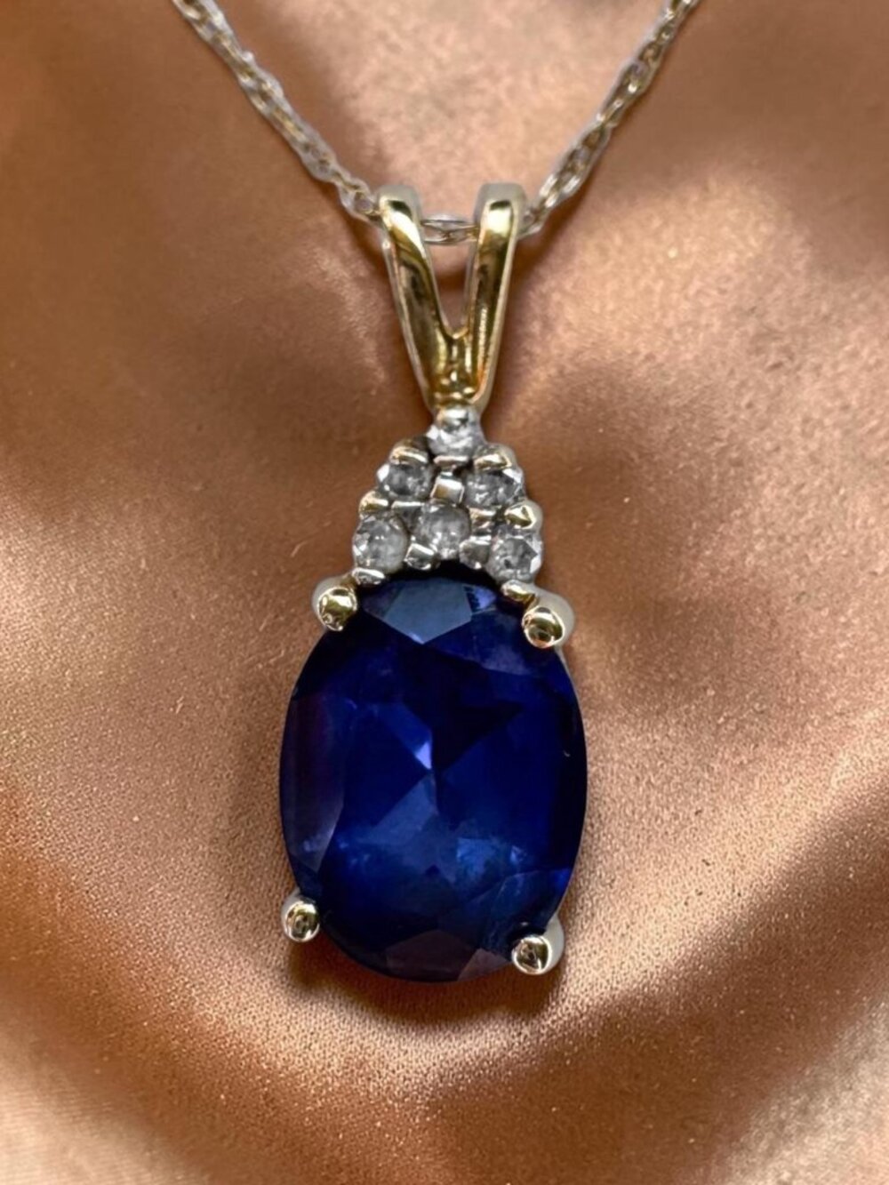 VINTAGE 14K Gold Natural Sapphire & Diamond Necklace 20" Oval Cut 2ct Birthstone